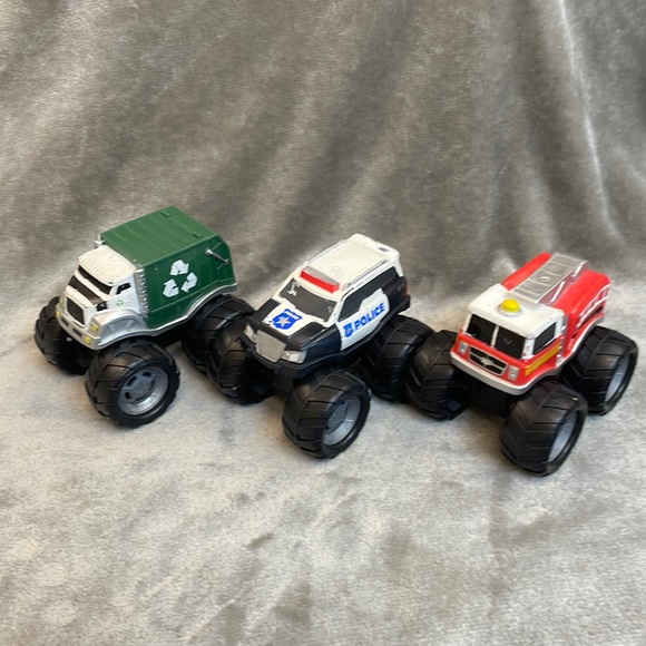 Lot of 3 Kids Galaxy Monster Trucks Soft Plastic: Garbage, Fire, & Police Trucks - Picture 1 of 12